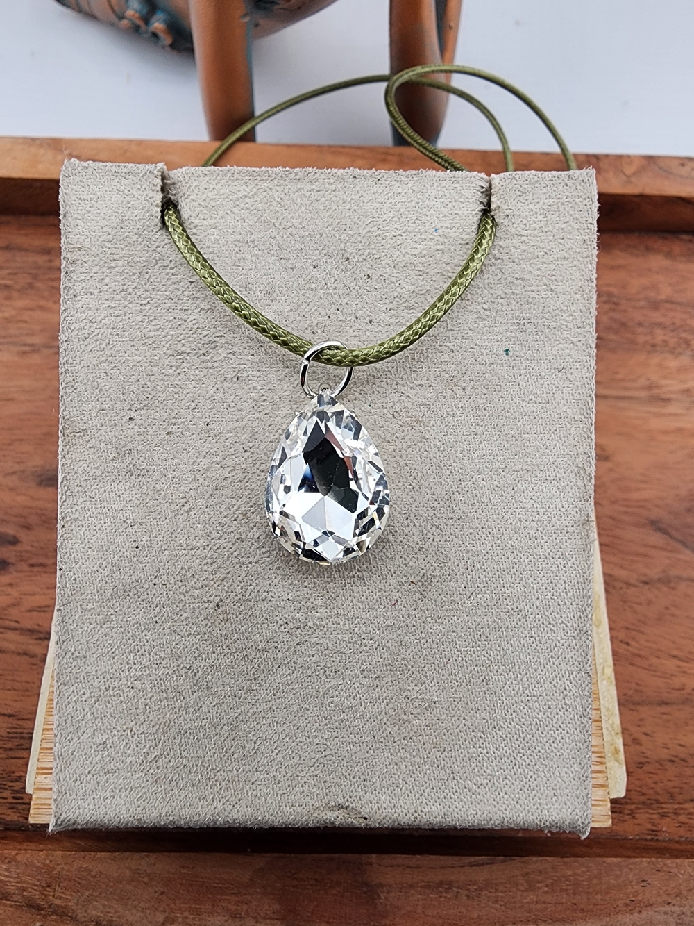 Clear Teardrop Crystal Pendant Necklace on Olive Cord